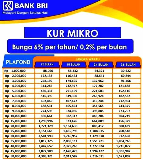 Tabel Angsuran KUR Mikro BRI Pinjaman 20 juta