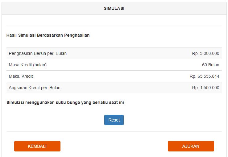 Hasil simulasi kredit pinjaman BNI Fleksi gaji Rp 3 Juta