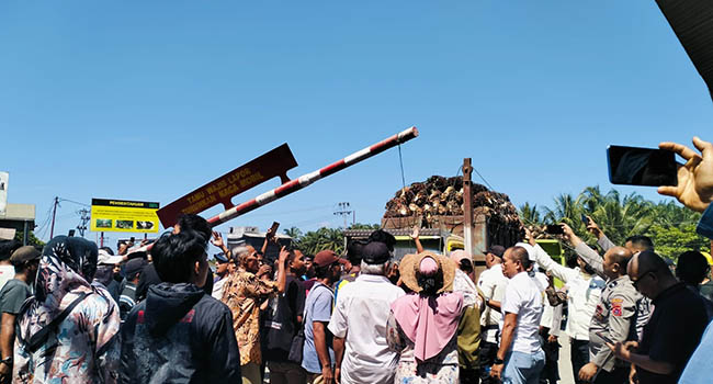 Sejumlah masyarakat menghadang truk bermuatan sawit di gerbang PT LIN di Kinali, Pasaman Barat. (ist)